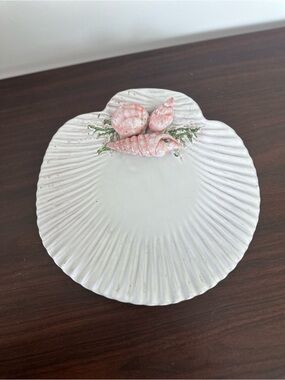 Vintage Portuguese Shell-Shaped Decorative Dish with 3D Pink Shell Accents